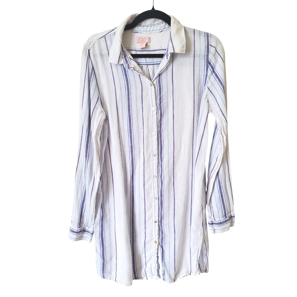 St Tropez West Womens M 100% Linen Striped Tunic Shirt Blue White Beach Vacation